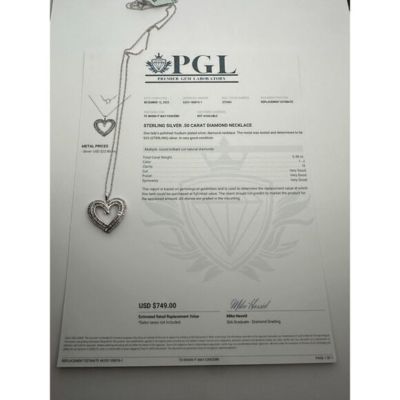 .50 Ct Natural Diamond Heart Shaped Necklace Sterling silver - Picture 3 of 5